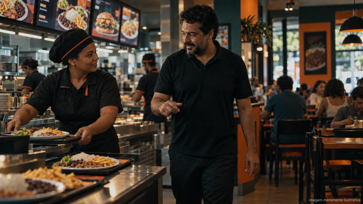 Gerente acompanha o atendimento e conversa com uma funcionária que serve uma refeição em um restaurante, com a cozinha e clientes ao fundo.